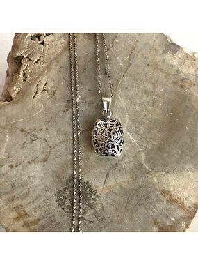 Sterling Silver 925 Hollow Pierced Scrollwork Rectangular Pendant Necklace 17.5"
